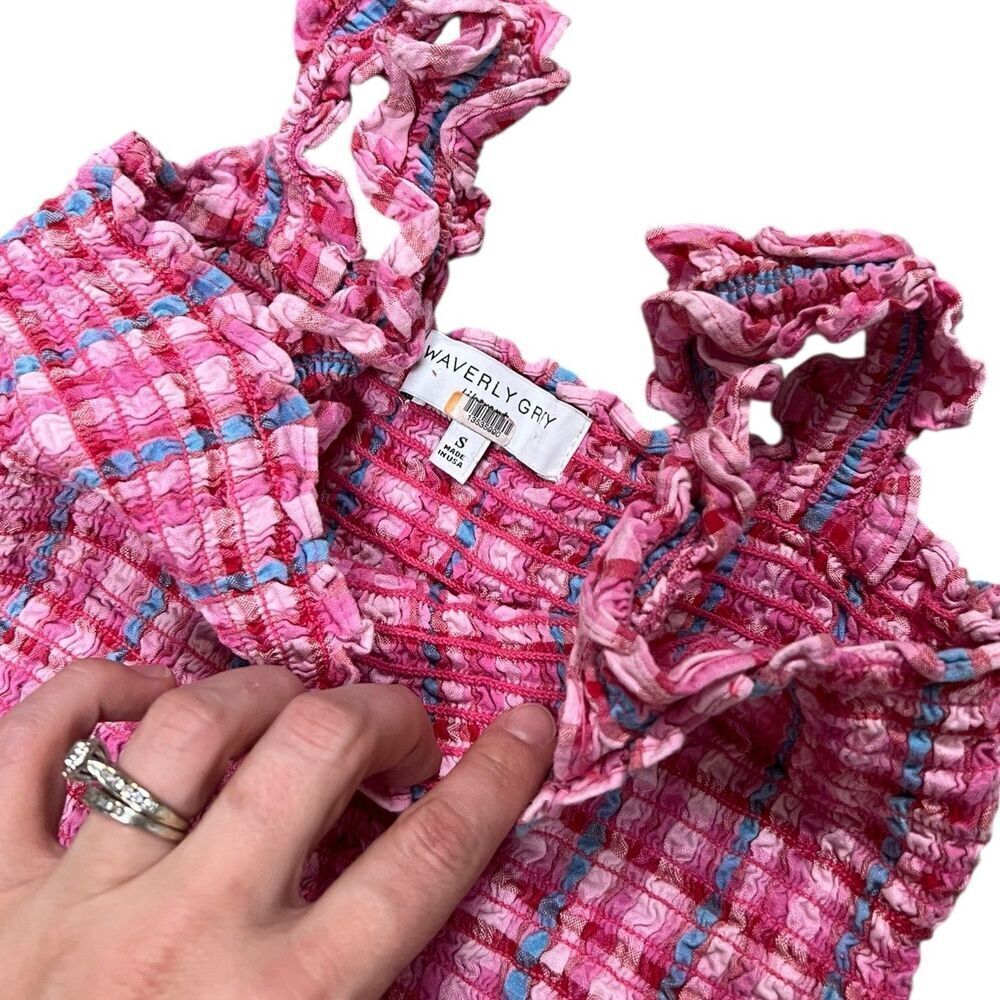 Waverly Grey Pink Plaid Seersucker Midi Smocked Cami Dress S - Picture 4 of 5
